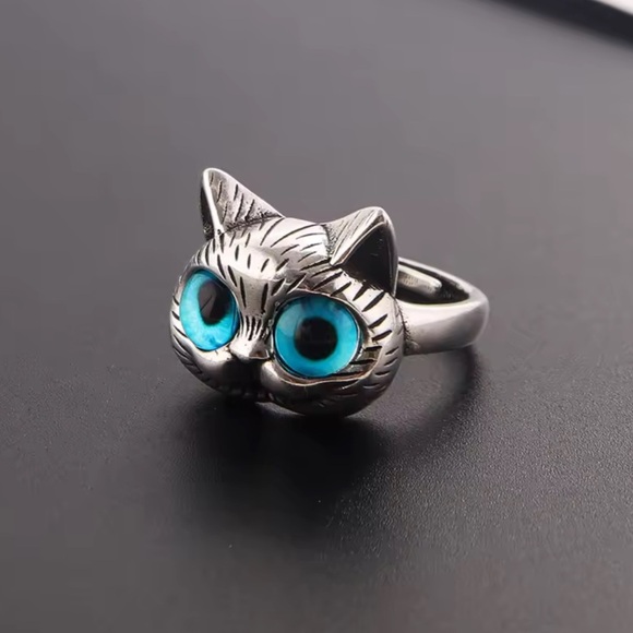 Silver cat blue eyes adjustable size Band Ring - Picture 8 of 8